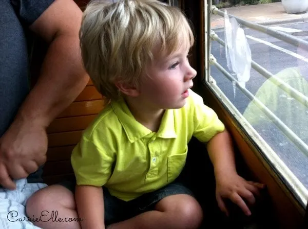 Jack peers out the window of the M-Line trolley.