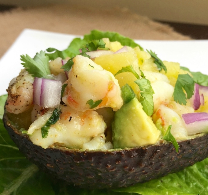 21 Day Fix Stuffed Avocado Recipe with Shrimp and Pineapple
