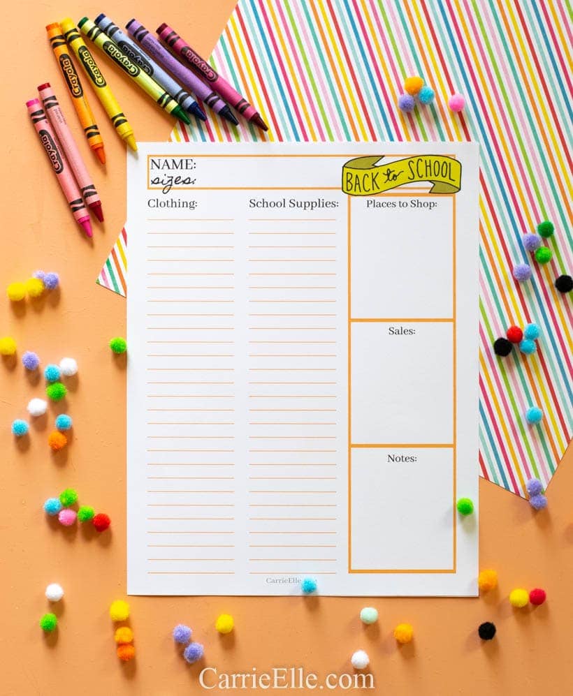 Back to School Printable Shopping List