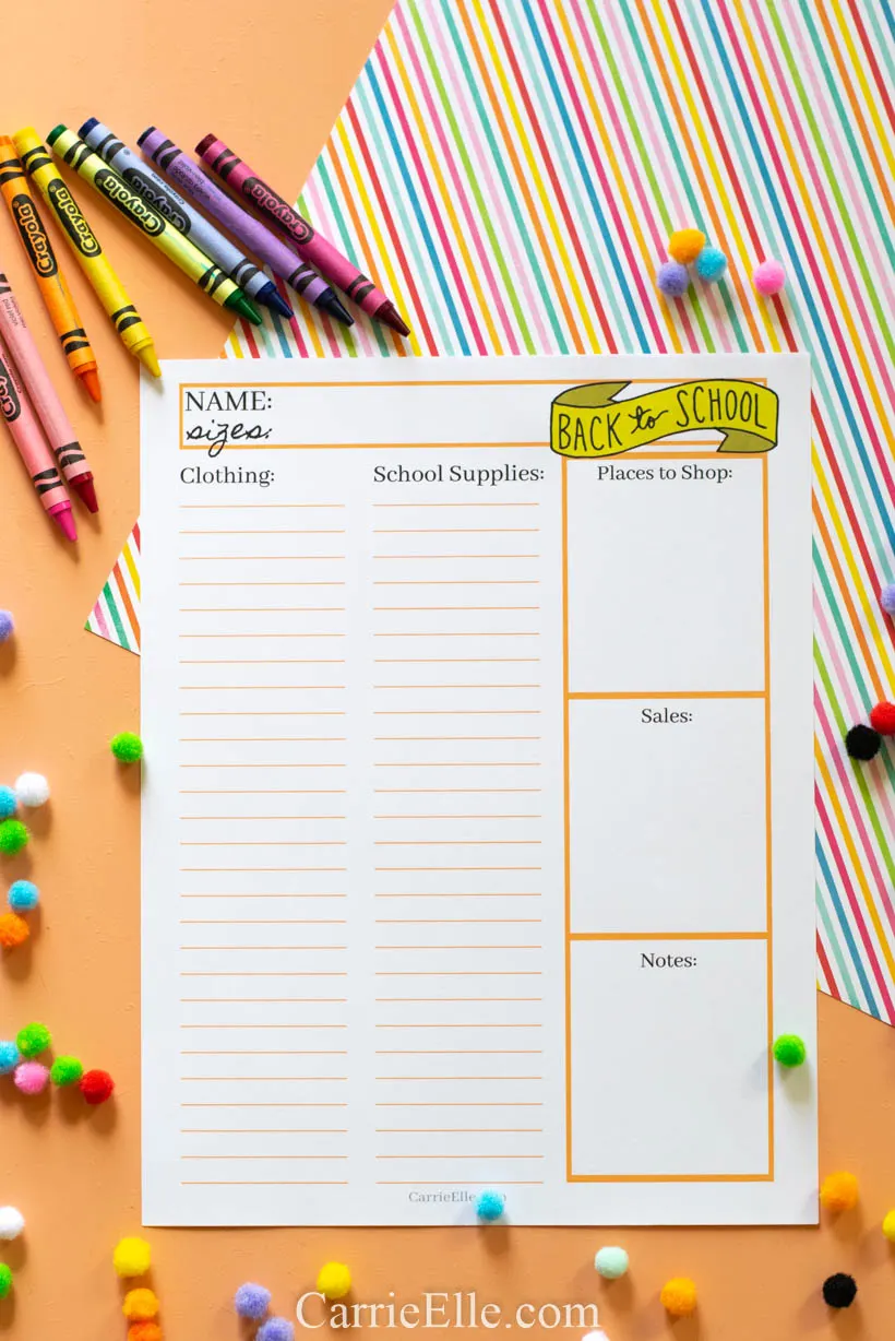 Printable Back to School Shopping List