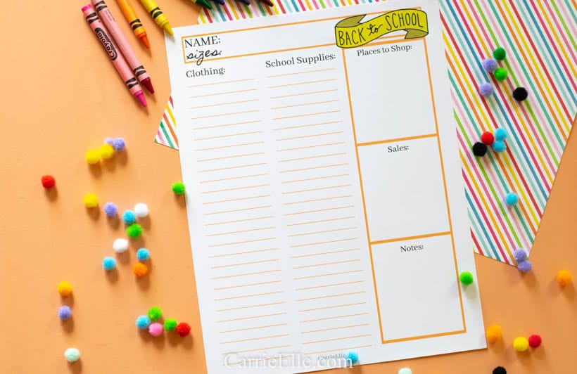 Printable Back to School Shopping List