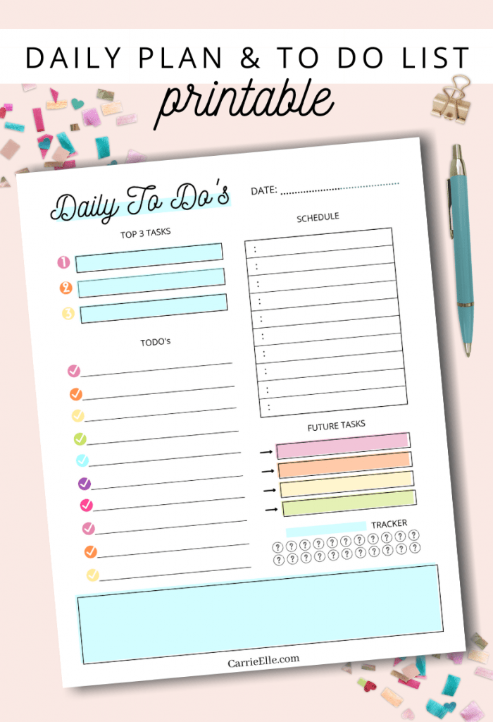 Pin showing the finished printable rainbow daily planning page with title at the top. 