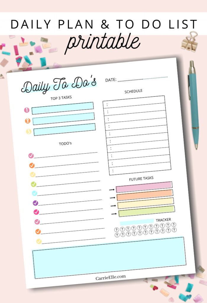 Pin showing the finished printable rainbow daily planning page with title at the top.