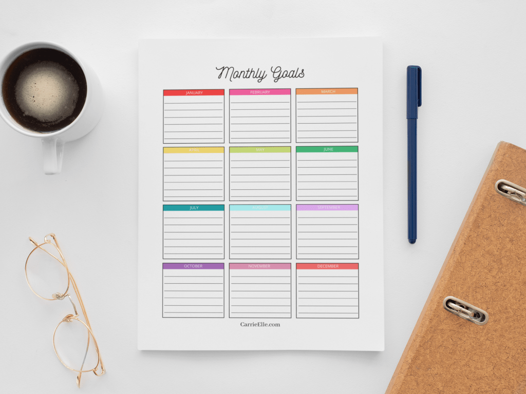 A top down look at the finished monthly goal tracker ready to be filled in for the year.