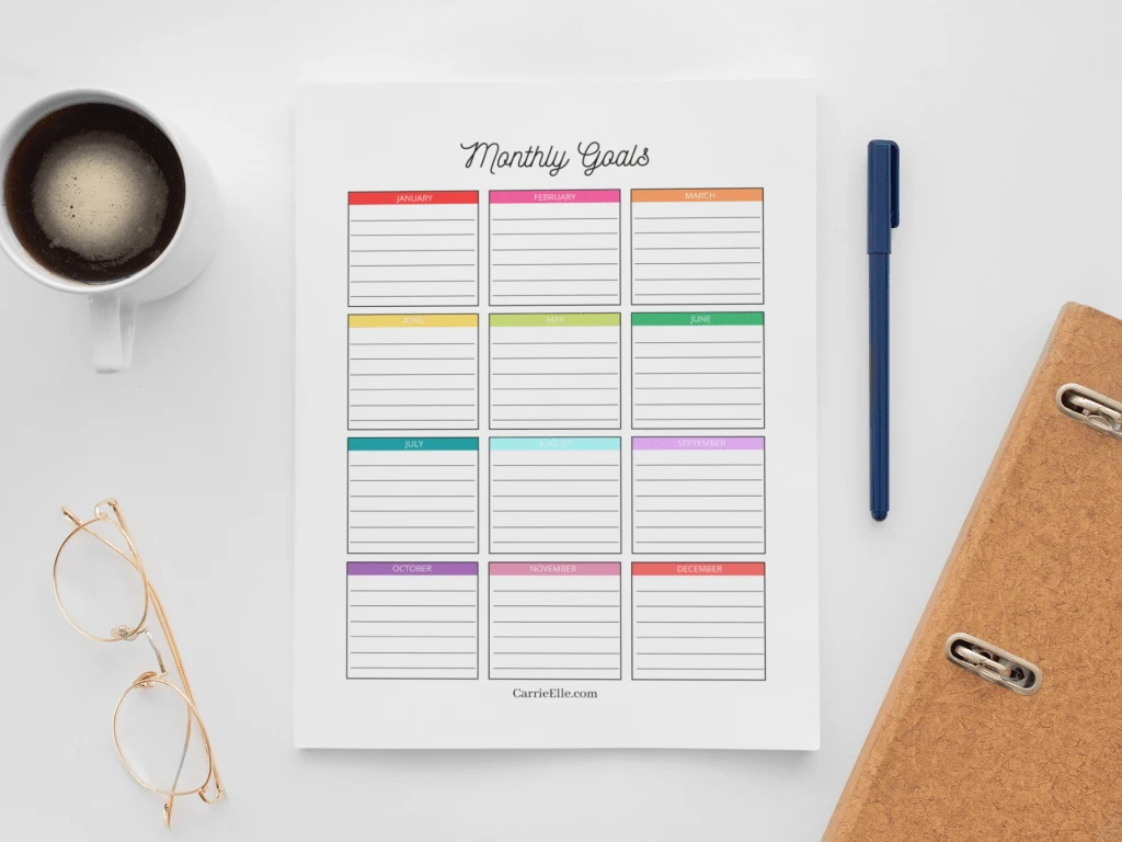 A top down look at the finished monthly goal tracker ready to be filled in for the year.