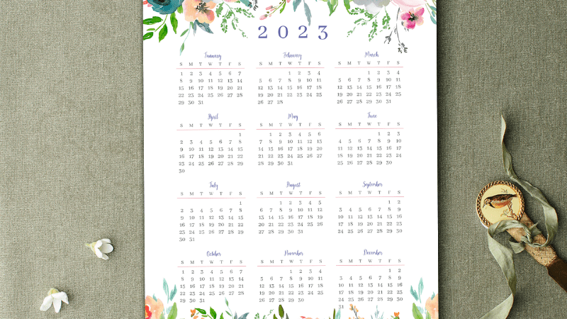 Free Printable 2023 Year-at-a-Glance Floral Calendar